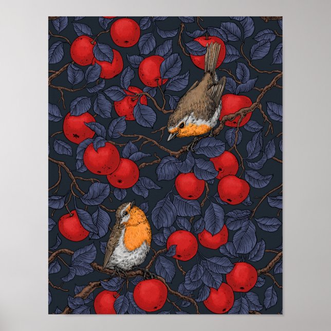 Affiche Rouge-gorges dans le pommier/bleu et rouge  (Devant)