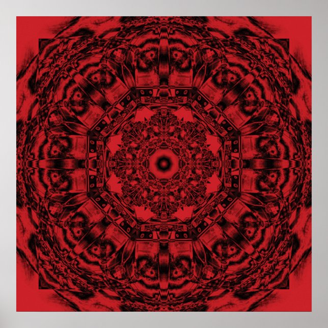 Affiche Rouge gras mécanique Abstrait Mandala Art (Devant)
