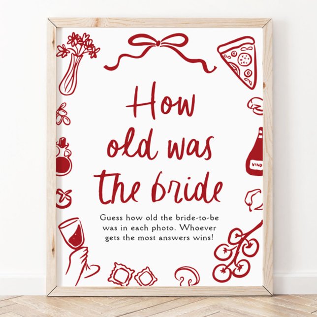Affiche Rouge Italien Dessin à la Main Devinez l'Âge de la (Red Italian Hand Drawn Guess How Old The Bride Sign)