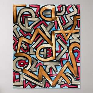 Affiche Rouge Moka Gris Géométrique - Art Abstrait Peint à