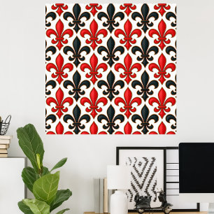 Affiche Rouge noir baroque Fleur de lis Motif Design