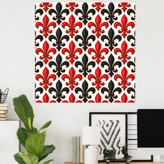 Affiche Rouge noir baroque Fleur de lis Motif Design (Créateur téléchargé)