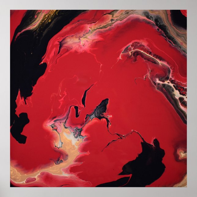 Affiche Rouge Noir Or Fluid Marble Acrylique Art Abstrait (Devant)