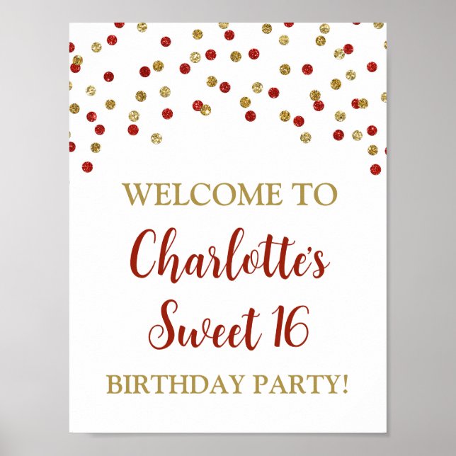 Affiche Rouge Or Douce 16e Anniversaire Personnalisé 8,5x1 (Devant)