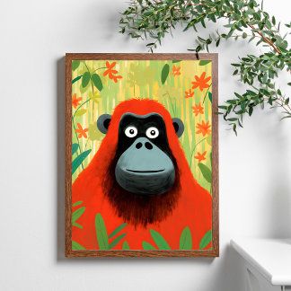 Affiche Rouge Orangoutan Jungle Scène Enfants Art