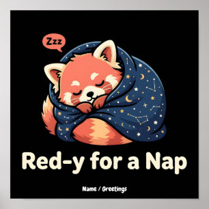 Affiche Rouge Prêt à Faire un Petit Sommeil Panda Roux Kaw