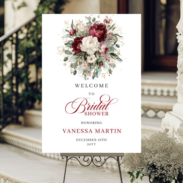 Affiche Rouge Profond Floral Or Accueil de Mariage (Deep Red Floral Bridal Shower Welcome)