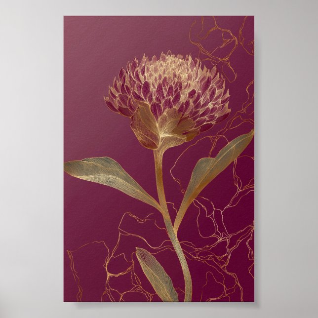 Affiche Rouge Profond Or Botanique Fleur Ligne de travail (Devant)