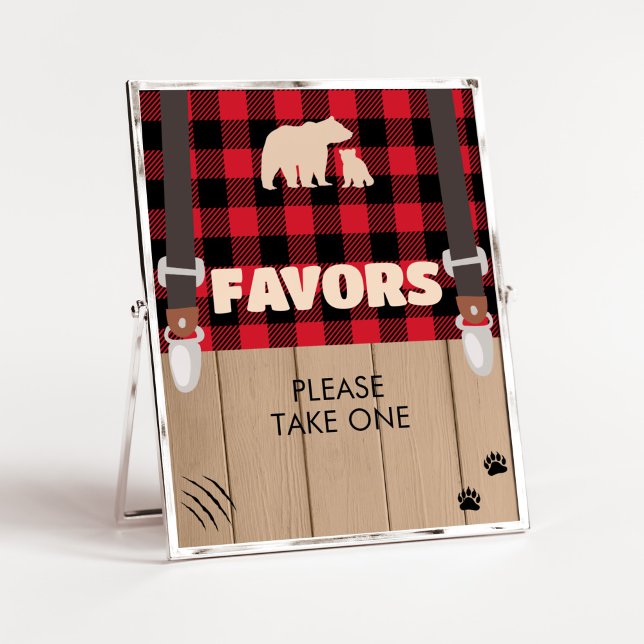 Affiche Rouge Rustique Plaid Baby shower Lumberjack Faveur (Plaid Lumberjack Baby Shower Favors Sign)