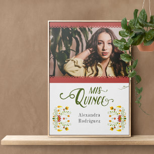 Affiche Rouge traditionnel mexicain Floral Photo Quinceane