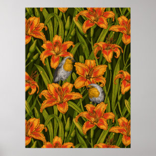 Affiche Rouges-gorges et fleurs de lys, orange et vert fon