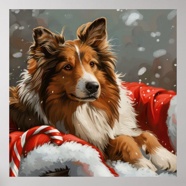 Affiche Rough Collie Chien Festif de Noël (Devant)