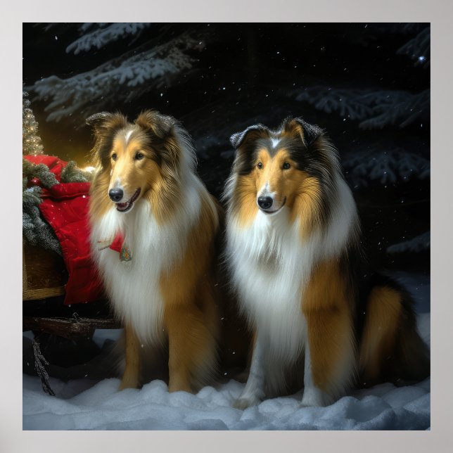 Affiche Rough Collie Snowy Sleigh Décor de Noël (Devant)