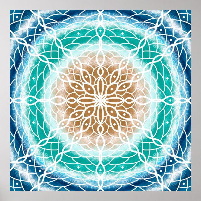 Affiche Round Ocean Waves Mandala Turquoise et Turquoise (Devant)