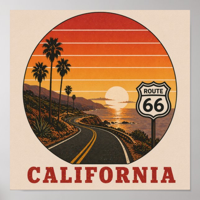 Affiche Route 66 Autoroute californienne du coucher de sol (Devant)