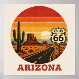 Affiche Route 66 Cactus du désert d'Arizona au coucher du