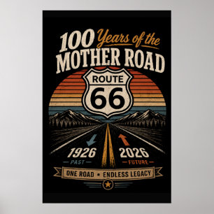 Affiche Route 66 Centenaire Rétro Bande de Soleil Couchant