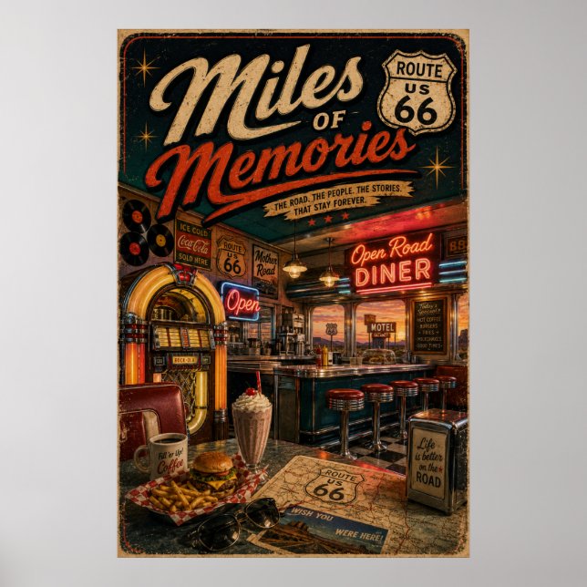 Affiche route 66 Diner Miles Mémoires Art  (Devant)