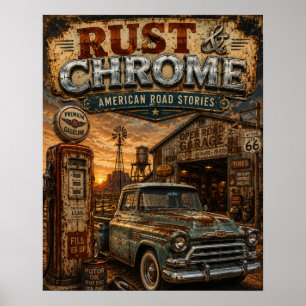 Affiche Route 66 Garage de Camions Vintage Rust et Chrome