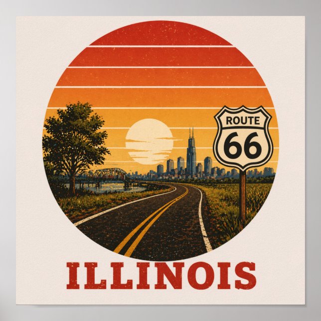 Affiche Route 66 Illinois Chicago Coucher de soleil sur la (Devant)