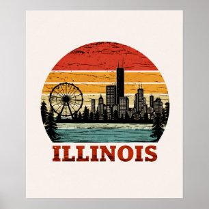 Affiche Route 66 Illinois Chicago Skyline Rayure Rétro Sol