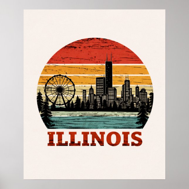 Affiche Route 66 Illinois Chicago Skyline Rayure Rétro Sol (Devant)