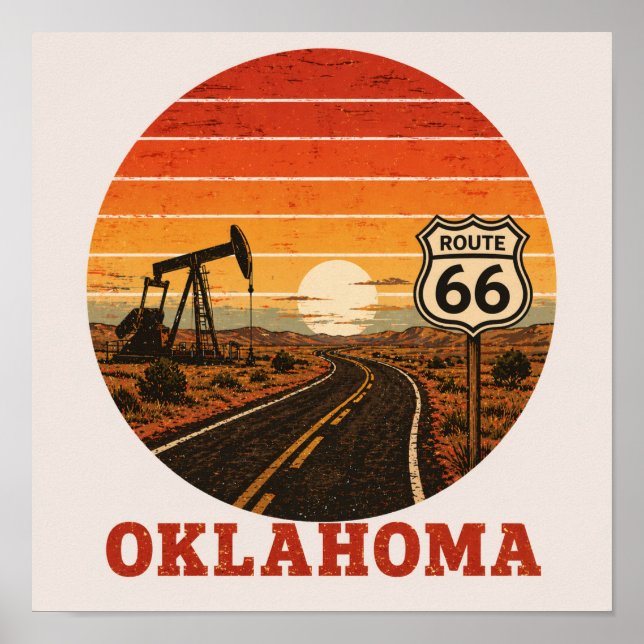 Affiche Route 66 Oklahoma Champ Pétrolifère Sunset Highway (Devant)
