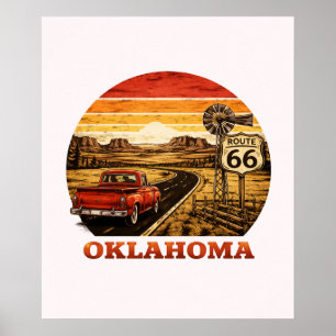 Affiche Route 66 Oklahoma Rayure Rétro Camionnette Coucher