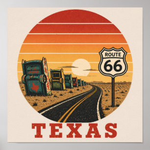 Affiche Route 66 Texas Cadillac Désert Coucher de soleil