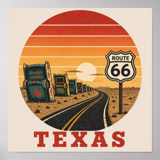 Affiche Route 66 Texas Cadillac Désert Coucher de soleil (Devant)