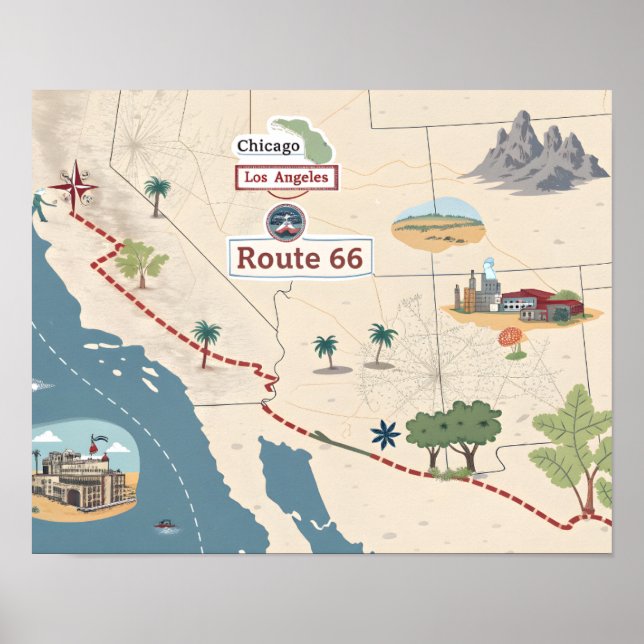 Affiche Route 66 Vintage Travel Map Illustration (Devant)