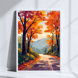 Affiche Route d'automne   Feuilles de feuillage d'automne 