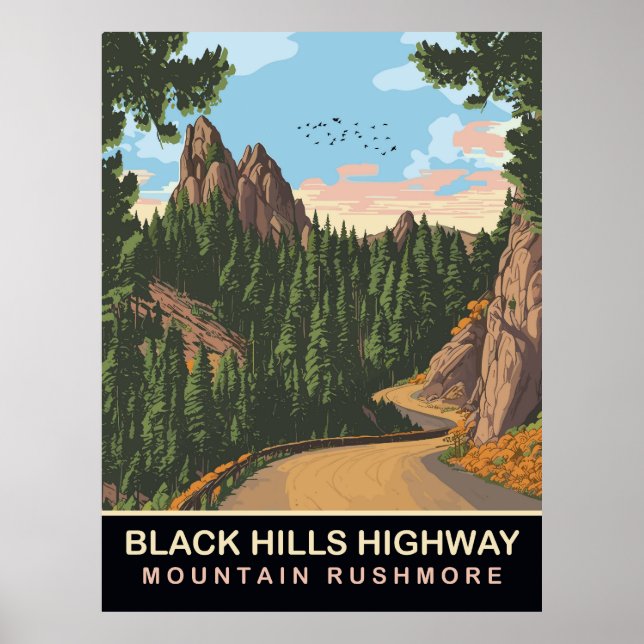 Affiche Route de Black Hills, Mont Rushmore, SD, Voyage (Devant)