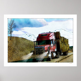Affiche Route rouge de camion d'alimentation de foin