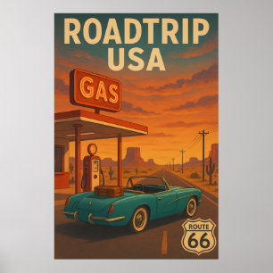 Affiche Route vintage 66 - Retro American Travel