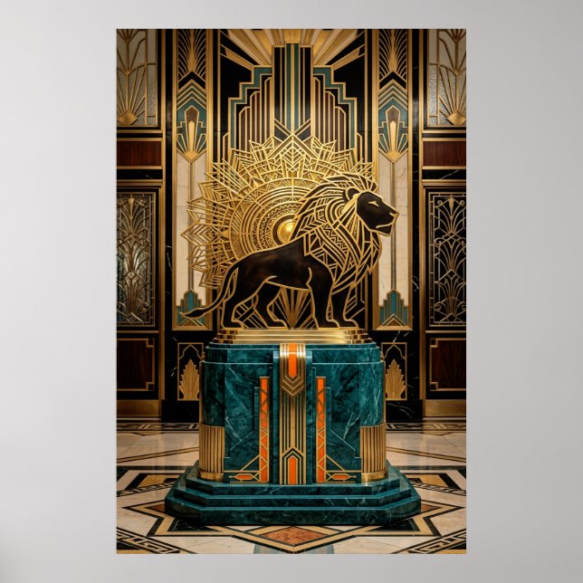 Affiche Royal Art Deco Lion Statue Gold Foil (Devant)