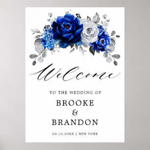 Affiche Royal Bleu Blanc Argent Floral Mariage Bienvenue