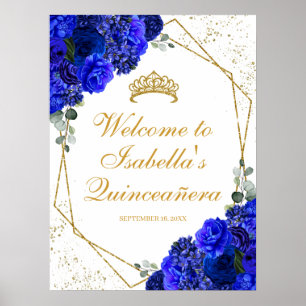 Affiche Royal Blue and Gold Floral Quinceanera Bienvenue