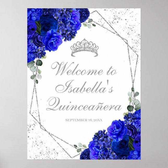 Affiche Royal Blue and Silver Floral Quinceanera Welcome P (Devant)