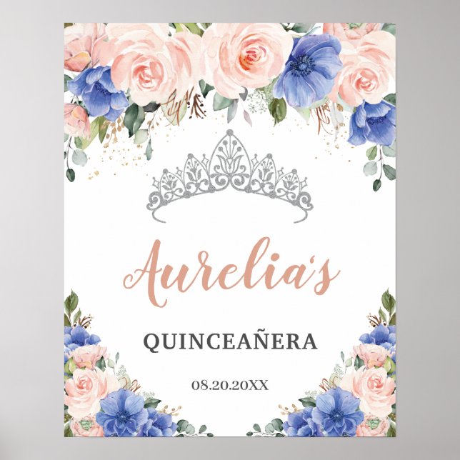 Affiche Royal Blue Blush Floral Quinceañera Tiara Bienvenu (Devant)