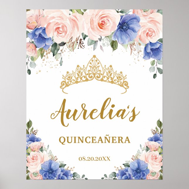Affiche Royal Blue Blush Floral Quinceañera Tiara Bienvenu (Devant)
