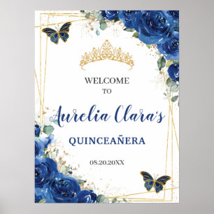 Affiche Royal Blue Floral Papillons Quinceanera Bienvenue