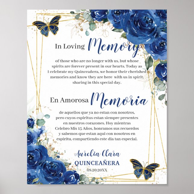 Affiche Royal Blue Floral Quinceanera 16 In Loving Memory (Devant)