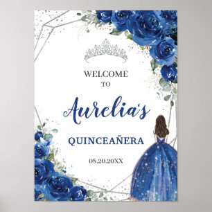 Affiche Royal Blue Floral Rose Silver Quinceañera Bienvenu
