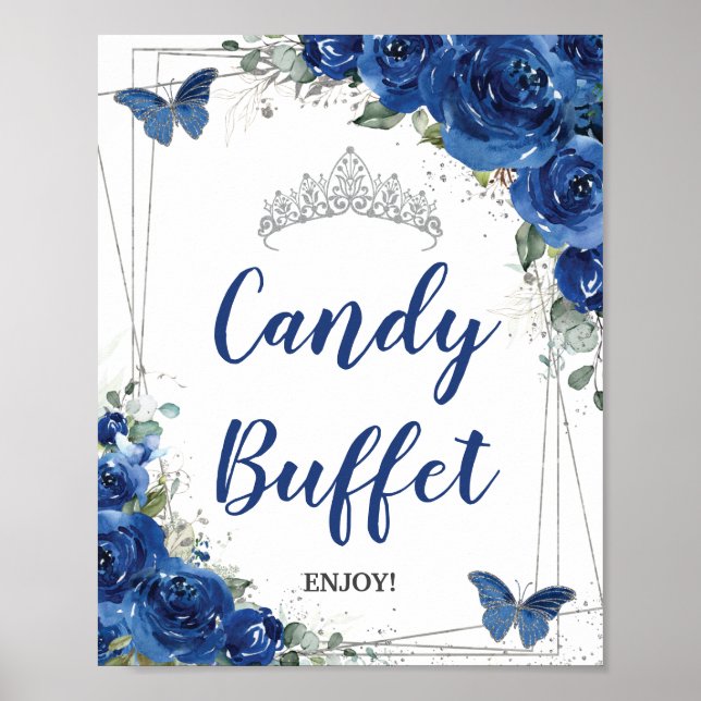 Affiche Royal Blue Floral Roses Quinceañera Candy Buffet (Devant)