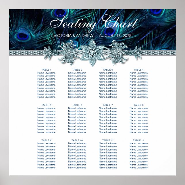 Affiche Royal Blue Peacock Wedding Seating Chart (Devant)
