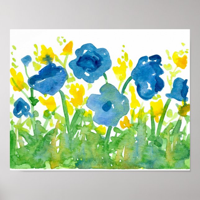 Affiche Royal Blue Poppies Jaune Fleur sauvage Aquarelle (Devant)