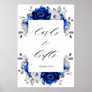 Affiche Royal Blue White Silver Floral Cartes & Cadeaux