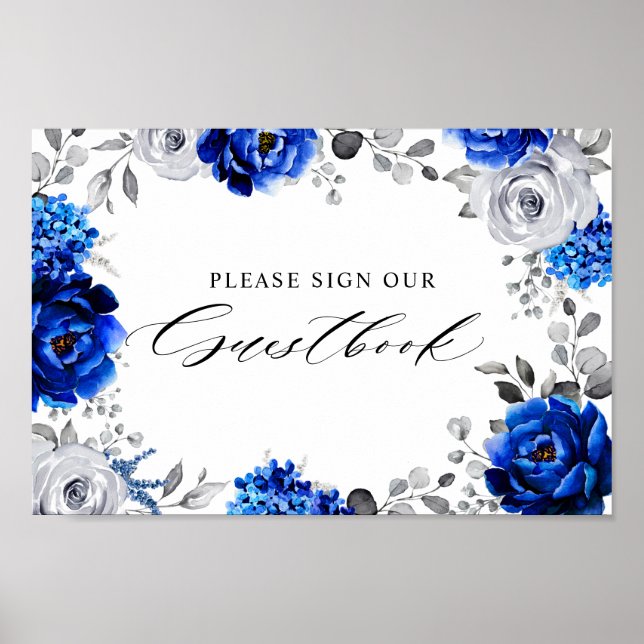 Affiche Royal Blue White Silver Floral Signer notre livre  (Devant)