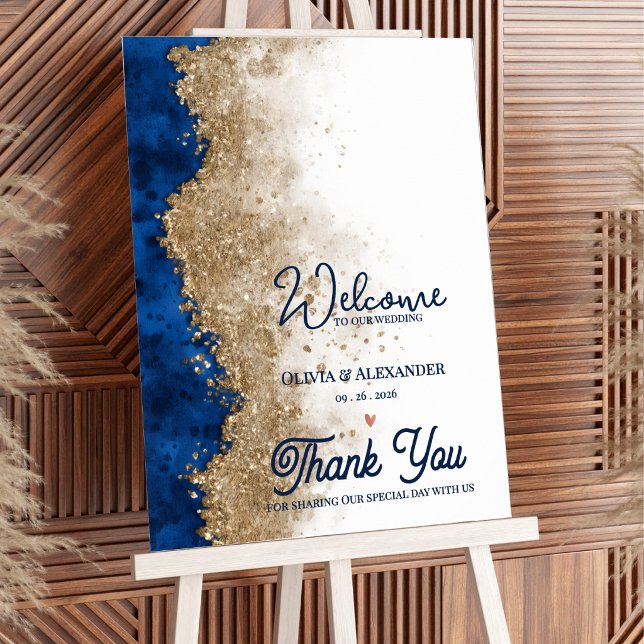 Affiche Royal Elegant Navy Blue Gold Wedding Welcome (Royal Blue Gold Wedding Welcome Sign | Elegant Navy Blue Gold Wedding Welcome Poster)